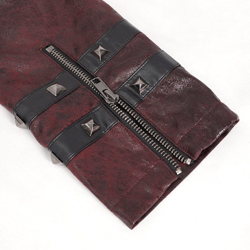 DEVIL FASHION Men's Punk Stand Collar Multi-buckle Faux Leather Coat Red