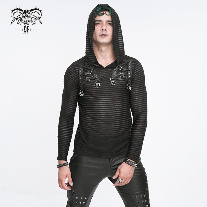 DEVIL FASHION Men's Punk Striped Sheer Hoodies