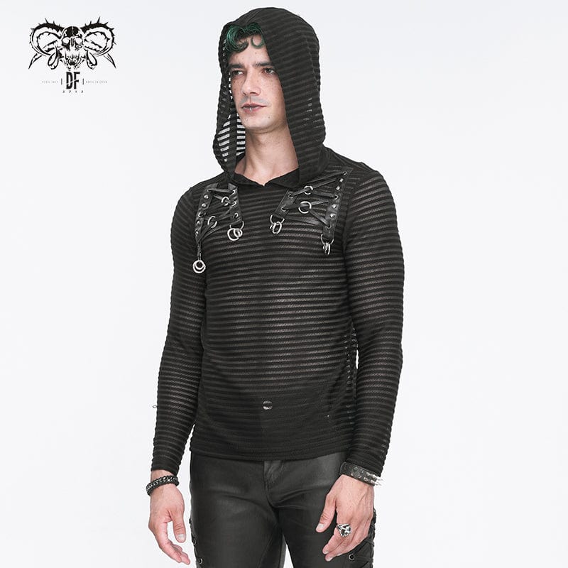 DEVIL FASHION Men's Punk Striped Sheer Hoodies
