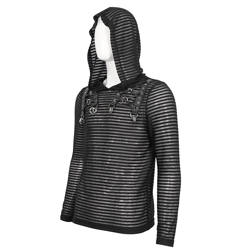 DEVIL FASHION Men's Punk Striped Sheer Hoodies