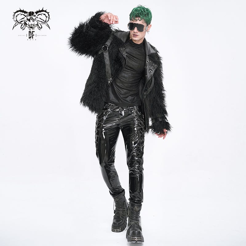 DEVIL FASHION Men's Punk Turn-down Collar Faux Fur Jacket