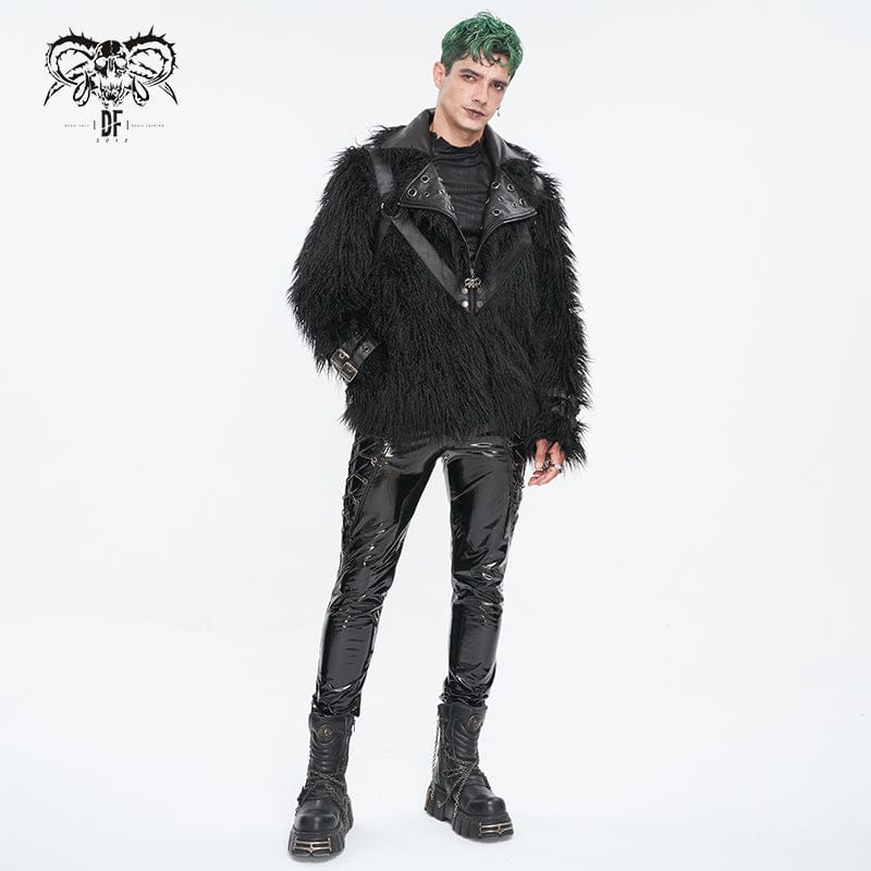 DEVIL FASHION Men's Punk Turn-down Collar Faux Fur Jacket
