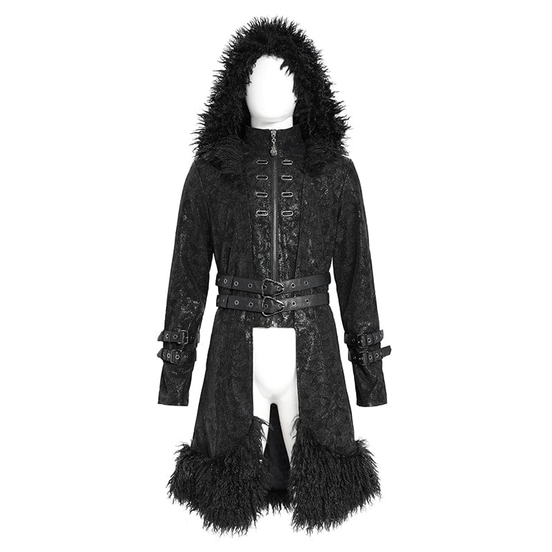 DEVIL FASHION Men's Punk Zip Stand Collar Hooded Coat with Detachable Belt