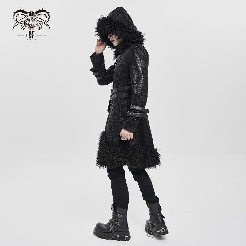 DEVIL FASHION Men's Punk Zip Stand Collar Hooded Coat with Detachable Belt