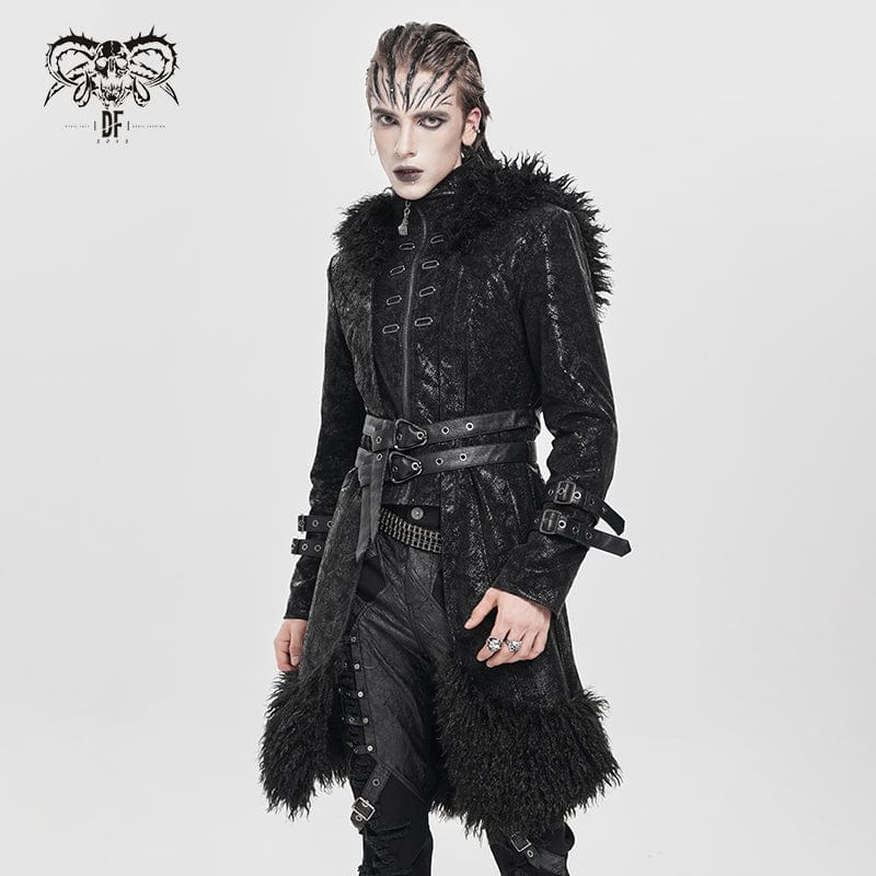 DEVIL FASHION Men's Punk Zip Stand Collar Hooded Coat with Detachable Belt