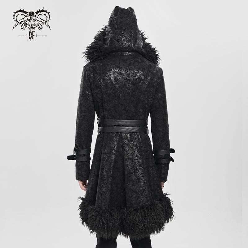DEVIL FASHION Men's Punk Zip Stand Collar Hooded Coat with Detachable Belt