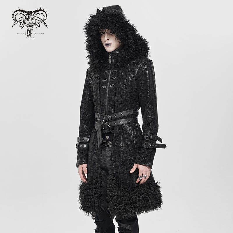 DEVIL FASHION Men's Punk Zip Stand Collar Hooded Coat with Detachable Belt