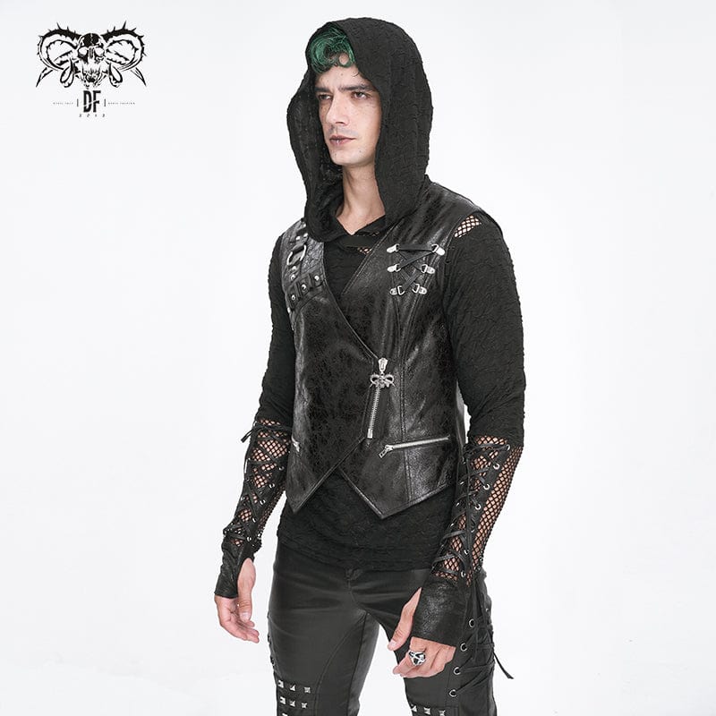 DEVIL FASHION Men's Punk Zipper Faux Leather Waistcoat