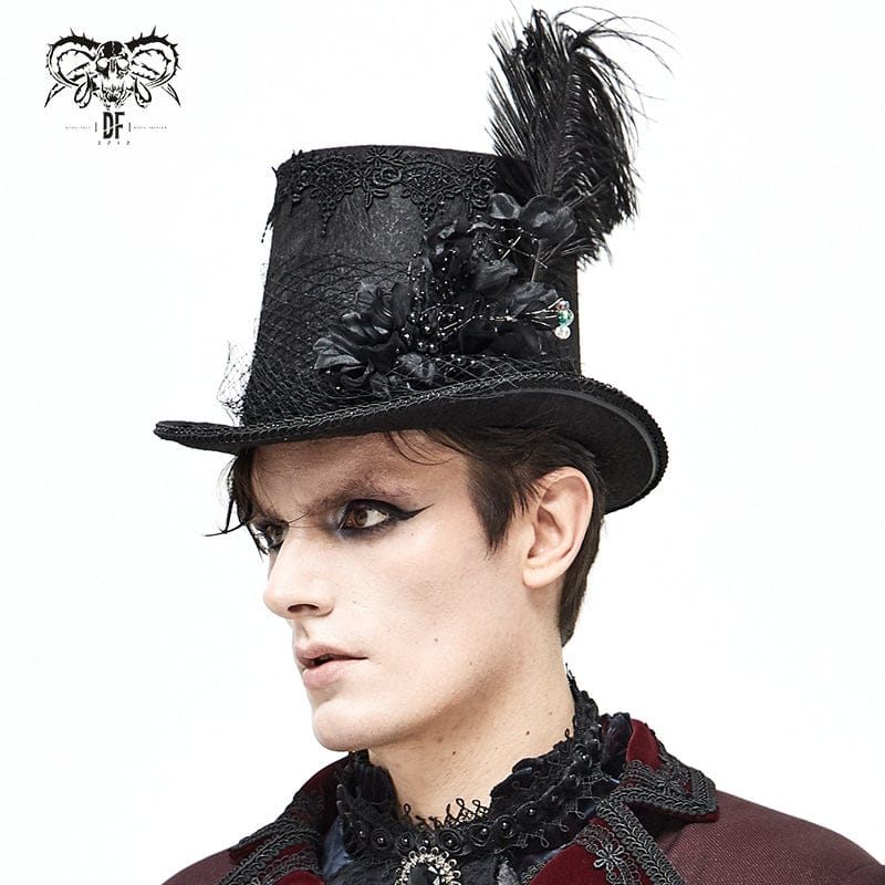 DEVIL FASHION Unisex Gothic Noir Floral Feather Top Hat with Net Veil