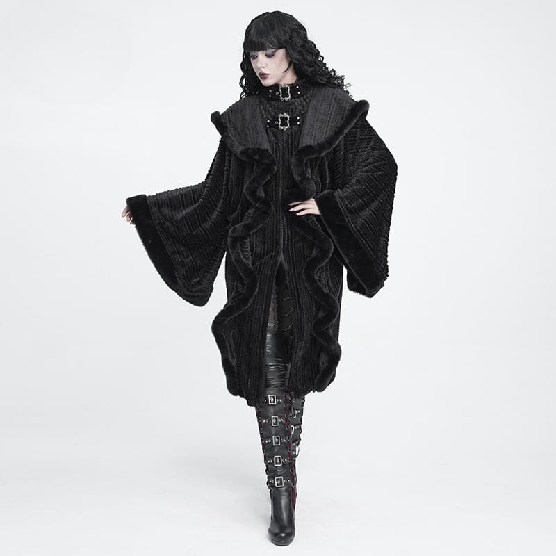 DEVIL FASHION Women Gothic Faux Fur Trim Witch Hooded Long Coat
