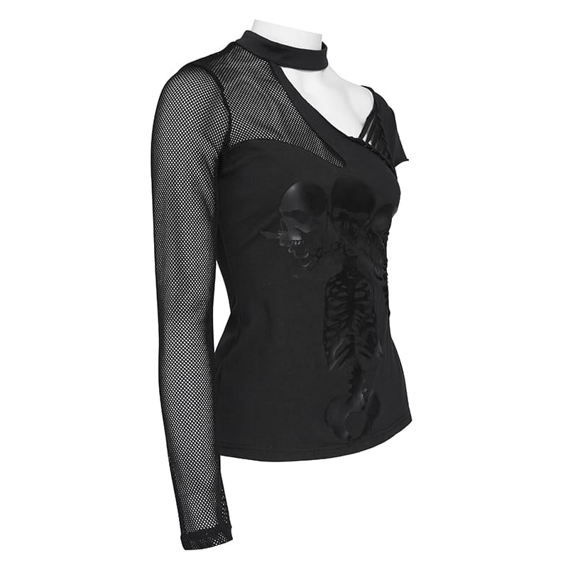 DEVIL FASHION Women's Goth Asymmetric T-Shirt With Skeleton Design
