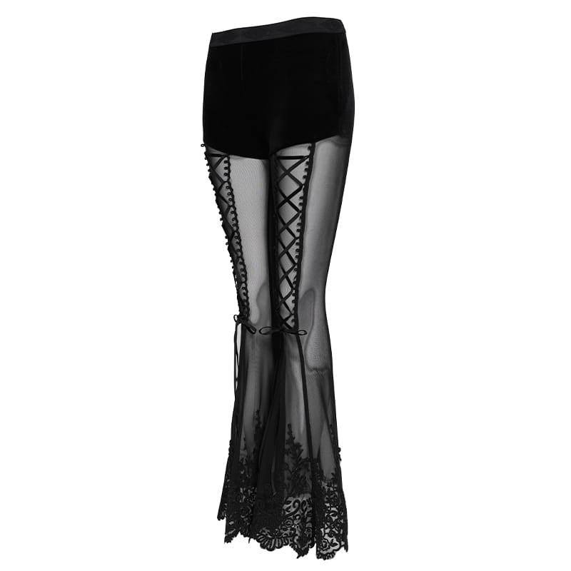 DEVIL FASHION Women's Goth Floral Lace Sheer Bell-bottoms