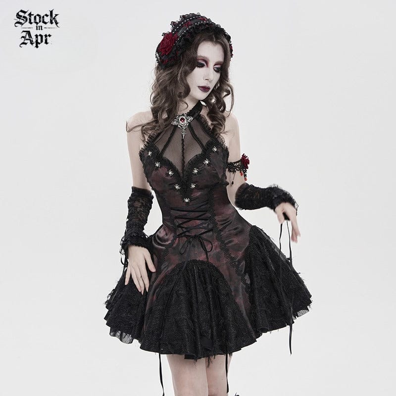 DEVIL FASHION Women's Gothic Bat Spider Lace-up Halterneck Dress Black-Red