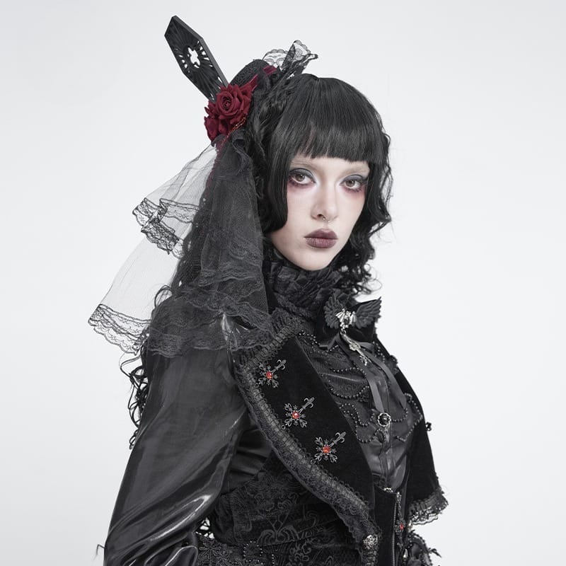 DEVIL FASHION Women's Gothic Beaded Rose Tulle Veil Mini Top Hat
