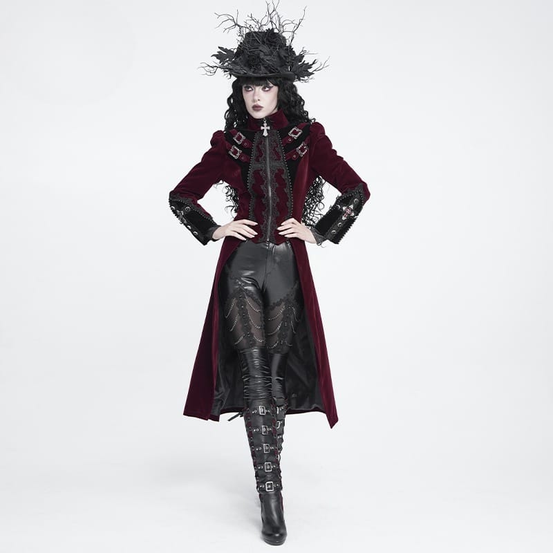 DEVIL FASHION Women's Gothic Beaded Trim Buckle Strap Zip Jacket Red