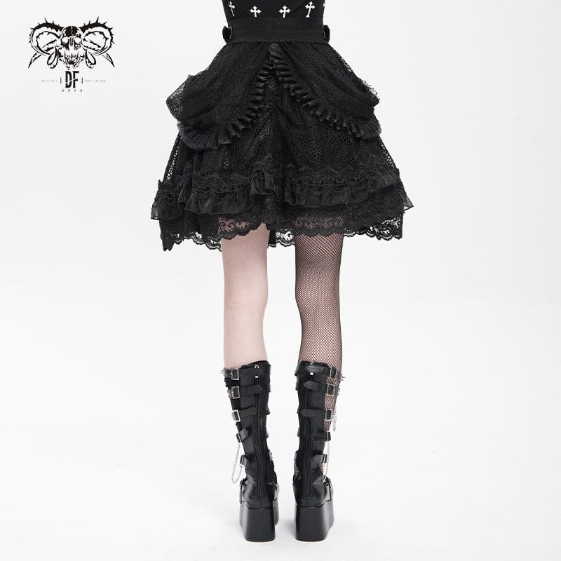 DEVIL FASHION Women's Gothic Buckle Strap Multilayer Hem Skirt Black