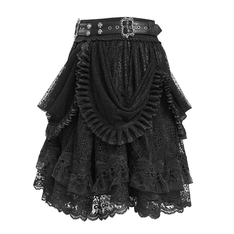 DEVIL FASHION Women's Gothic Buckle Strap Multilayer Hem Skirt Black