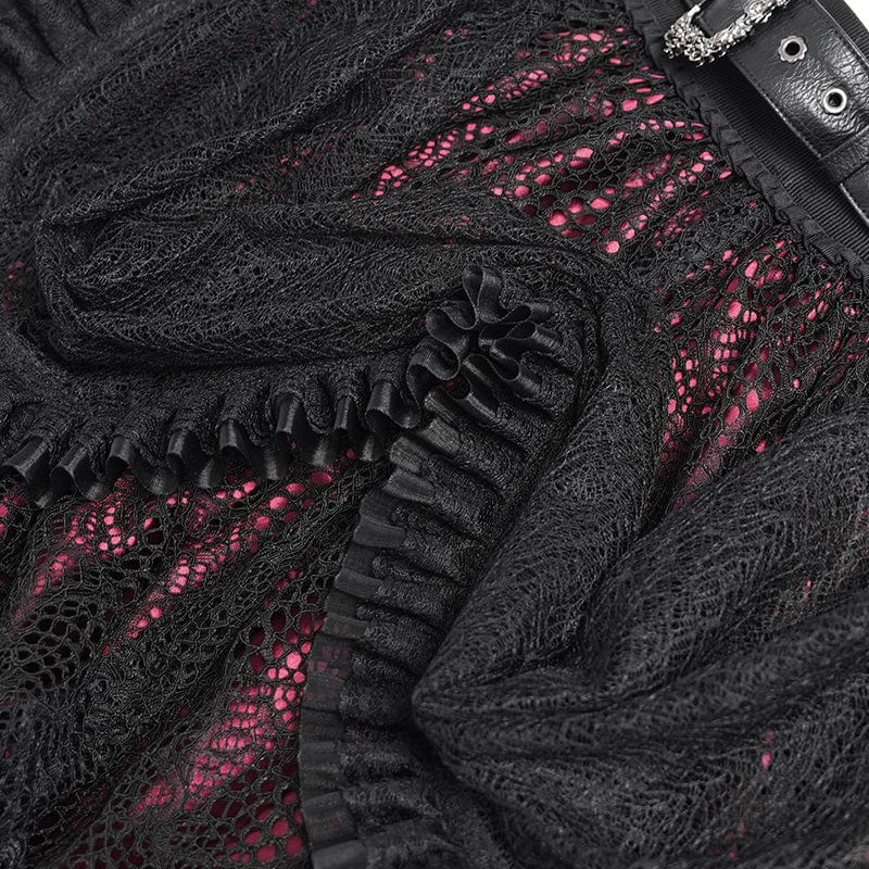 DEVIL FASHION Women's Gothic Buckle Strap Multilayer Hem Skirt Red