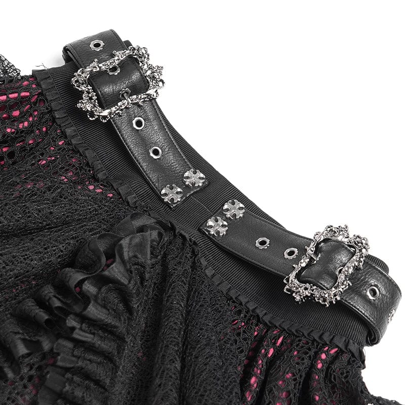 DEVIL FASHION Women's Gothic Buckle Strap Multilayer Hem Skirt Red