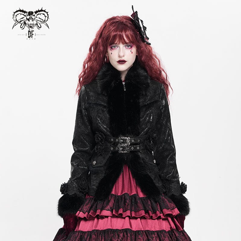 DEVIL FASHION Women's Gothic Buckle Strap Rose Floral Embroidered Coat