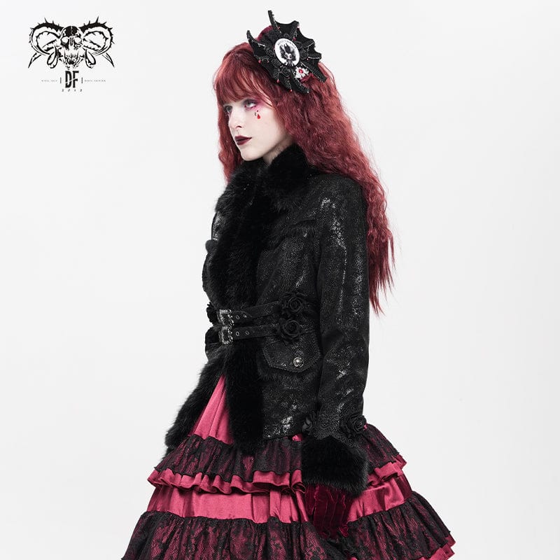 DEVIL FASHION Women's Gothic Buckle Strap Rose Floral Embroidered Coat