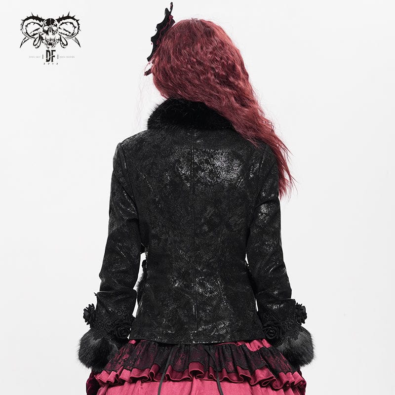 DEVIL FASHION Women's Gothic Buckle Strap Rose Floral Embroidered Coat