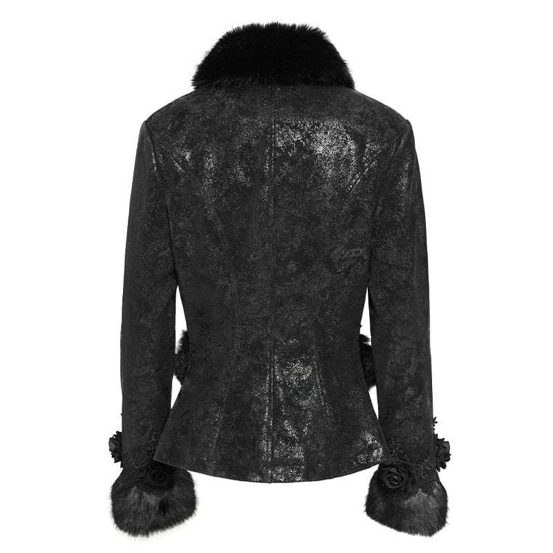 DEVIL FASHION Women's Gothic Buckle Strap Rose Floral Embroidered Coat