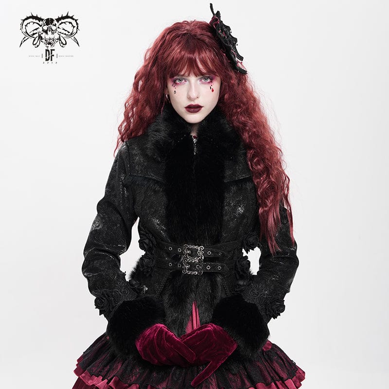 DEVIL FASHION Women's Gothic Buckle Strap Rose Floral Embroidered Coat