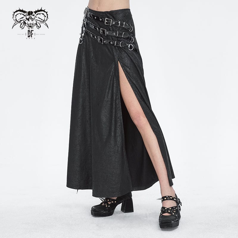 DEVIL FASHION Women's Gothic Buckle Stud Side Slit Long Skirt