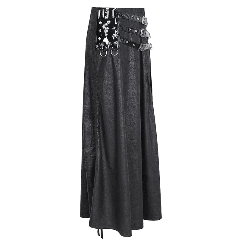 DEVIL FASHION Women's Gothic Buckle Stud Side Slit Long Skirt