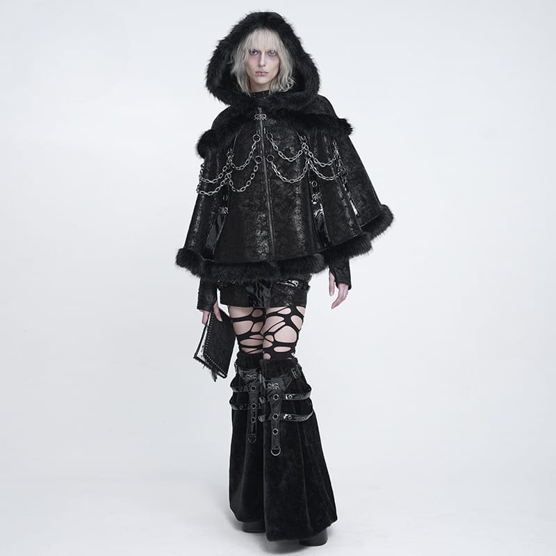DEVIL FASHION Women's Gothic Chain-Detailed Textured Hooded Cloak