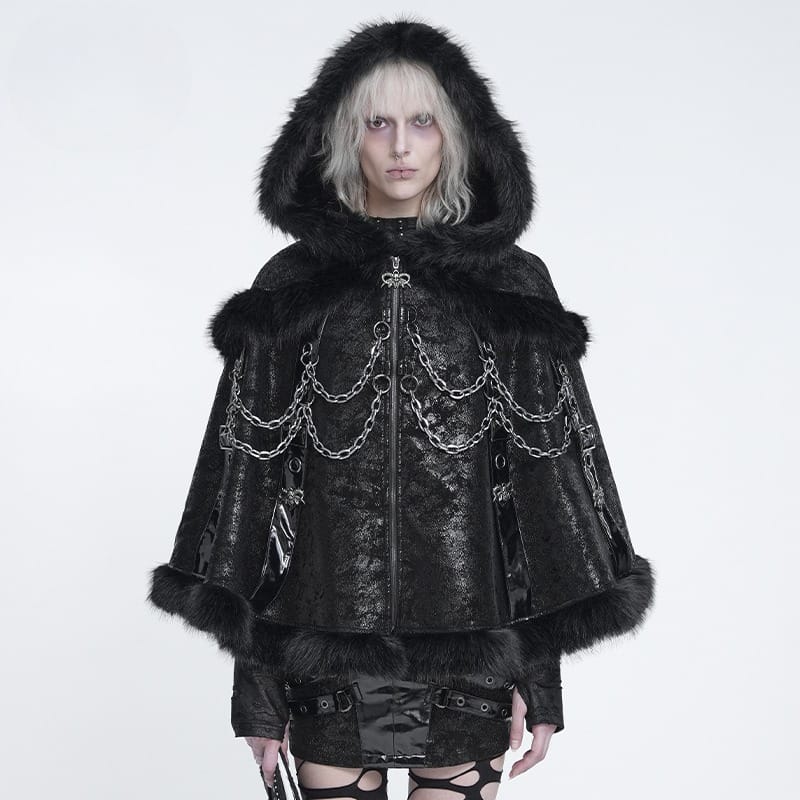 DEVIL FASHION Women's Gothic Chain-Detailed Textured Hooded Cloak
