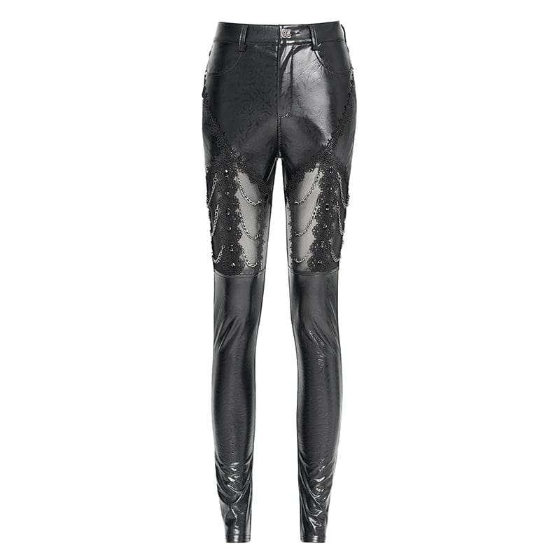 DEVIL FASHION Women's Gothic Chained Lace Splice Faux Leather Pants