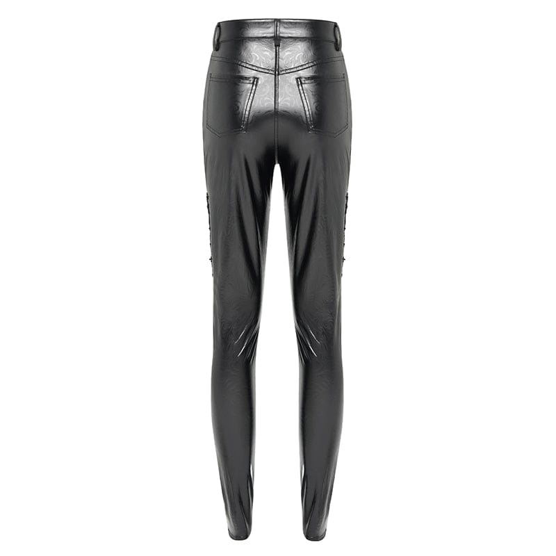 DEVIL FASHION Women's Gothic Chained Lace Splice Faux Leather Pants