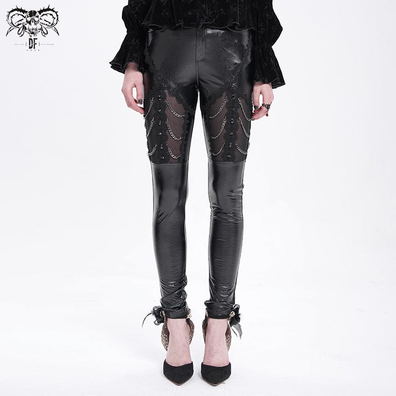 DEVIL FASHION Women's Gothic Chained Lace Splice Faux Leather Pants