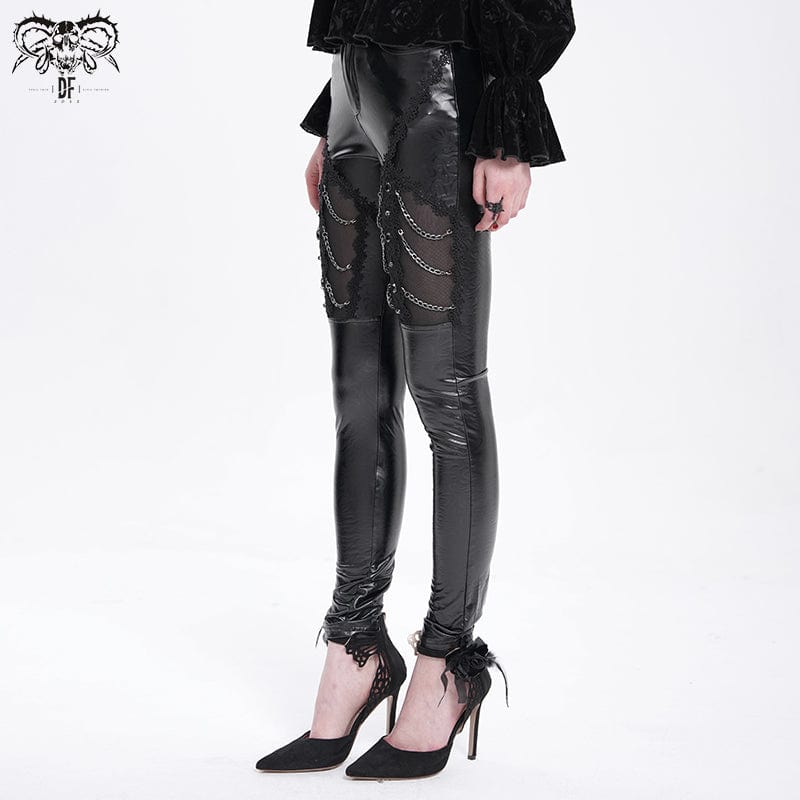 DEVIL FASHION Women's Gothic Chained Lace Splice Faux Leather Pants