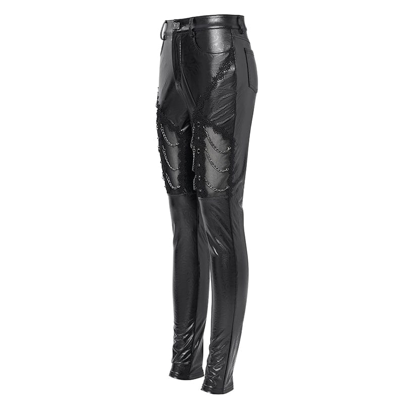DEVIL FASHION Women's Gothic Chained Lace Splice Faux Leather Pants