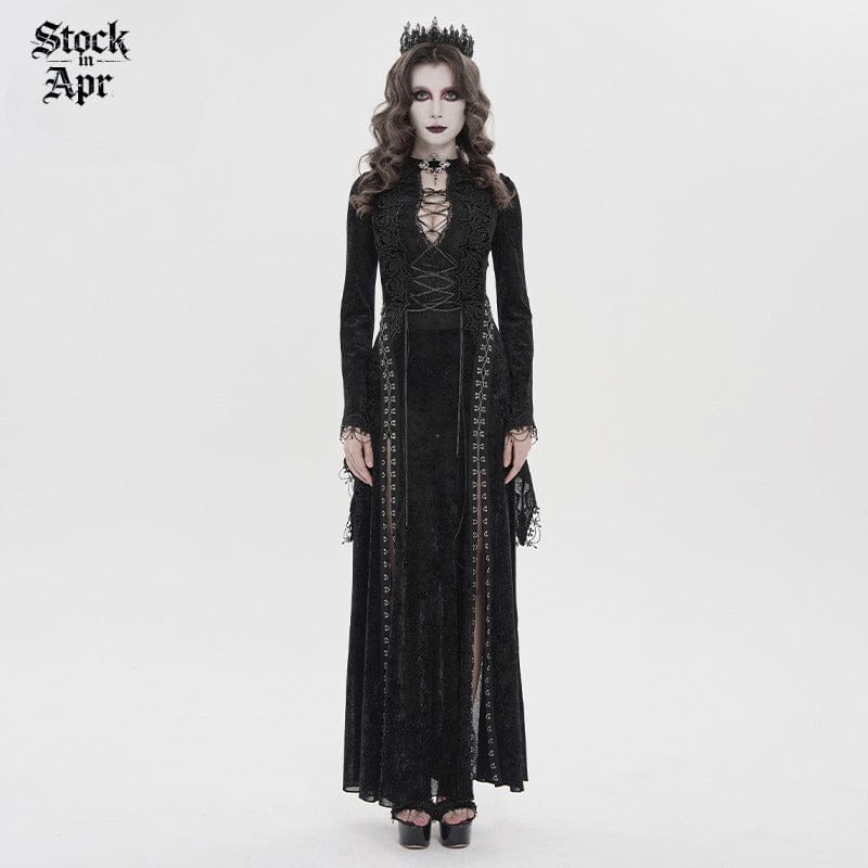 DEVIL FASHION Women's Gothic Chained Plunging Split Maxi Dress