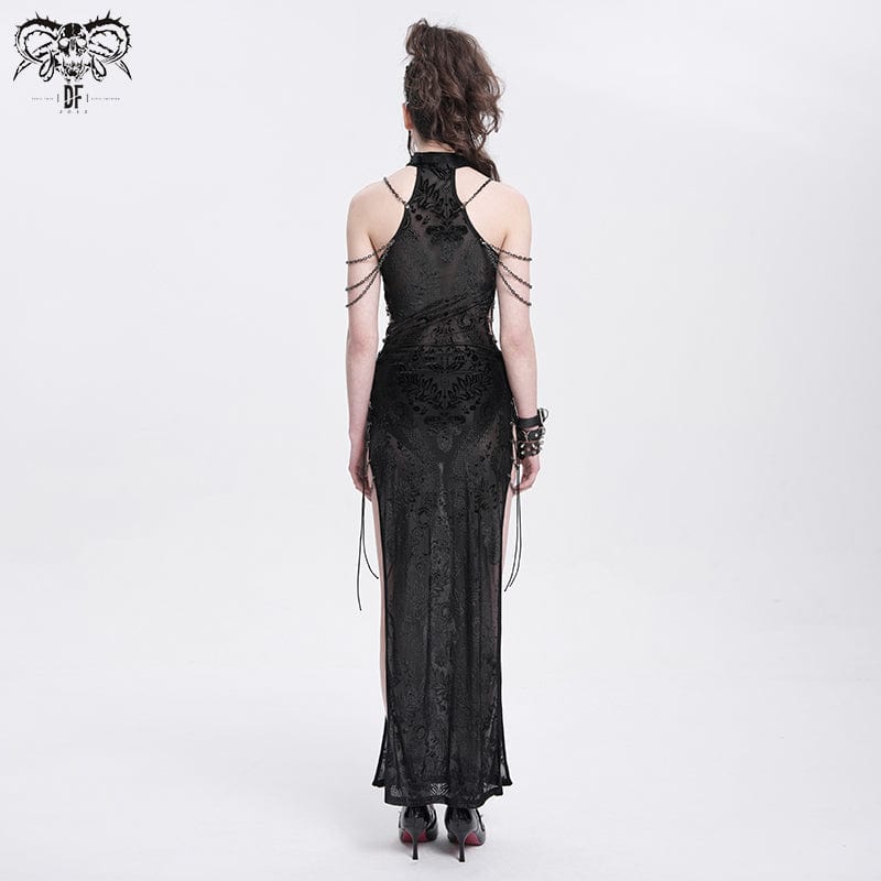 DEVIL FASHION Women's Gothic Cheongsam Collar Side Slit Halterneck Prom Dress