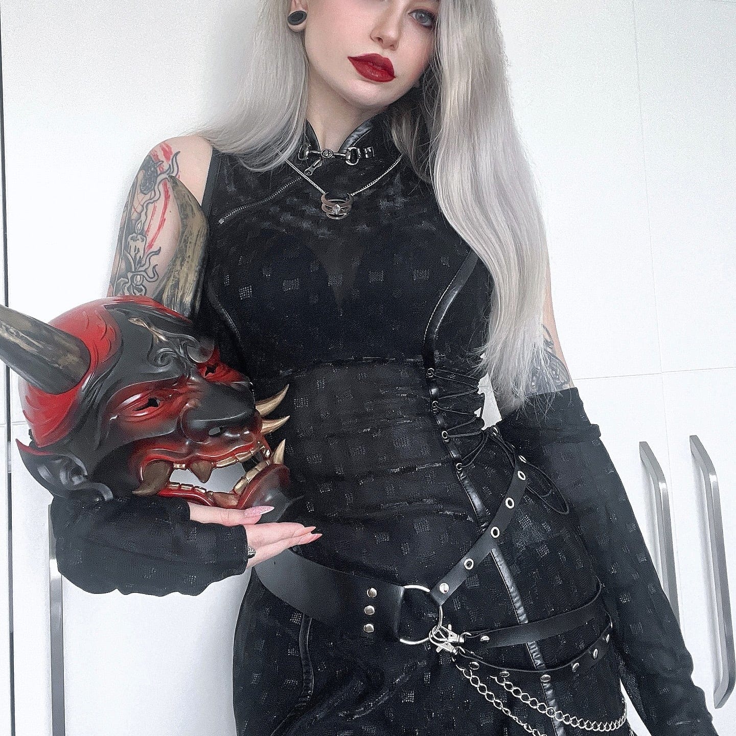 DEVIL FASHION Women's Gothic Cheongsam Collar Strappy Dress with Oversleeves