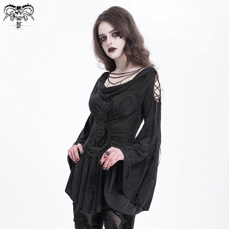 DEVIL FASHION Women's Gothic Cowl Neck Flared Sleeved Shirt