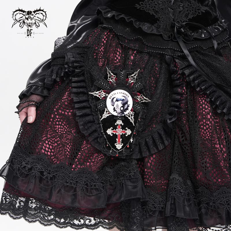 DEVIL FASHION Women's Gothic Cross Lace Edge Coffin-shaped Brooch Badge Holde