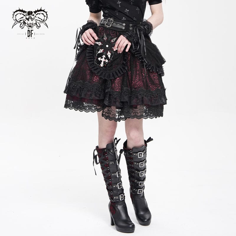 DEVIL FASHION Women's Gothic Cross Lace Edge Coffin-shaped Brooch Badge Holde