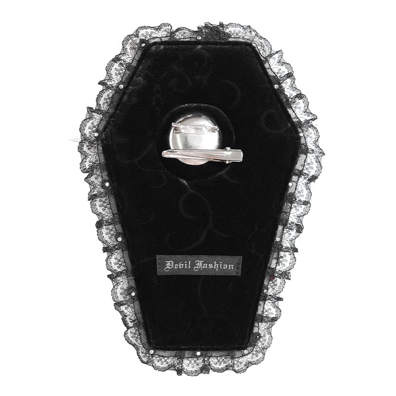 DEVIL FASHION Women's Gothic Cross Lace Edge Coffin-shaped Brooch Badge Holde