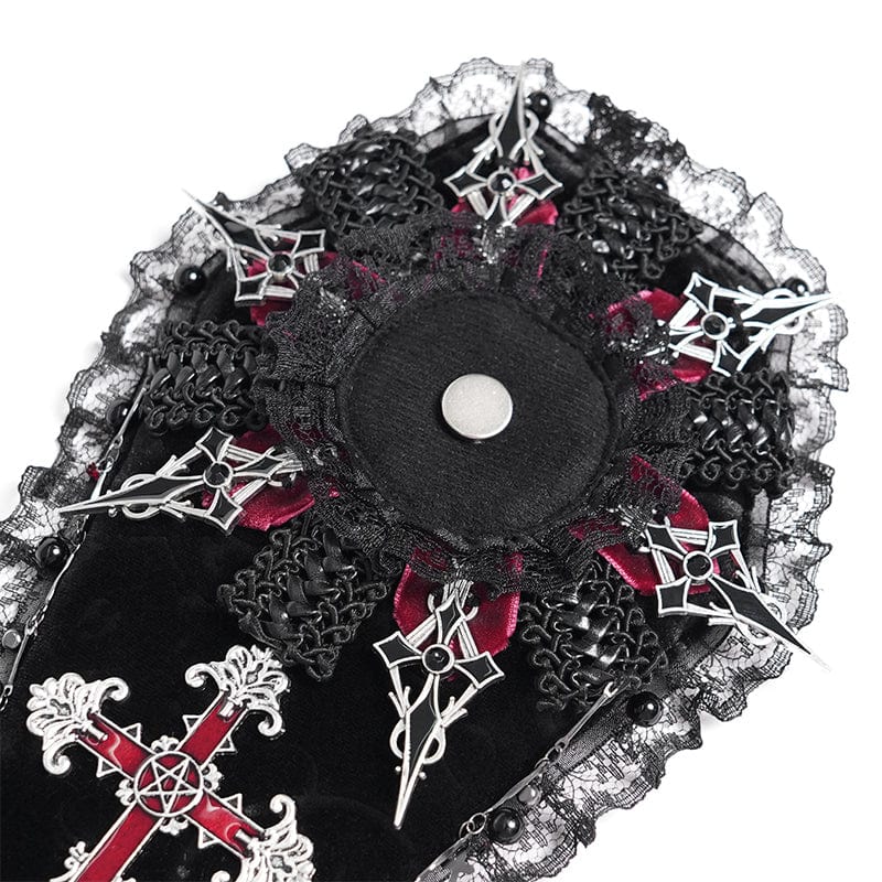 DEVIL FASHION Women's Gothic Cross Lace Edge Coffin-shaped Brooch Badge Holde