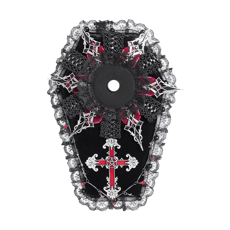 DEVIL FASHION Women's Gothic Cross Lace Edge Coffin-shaped Brooch Badge Holde