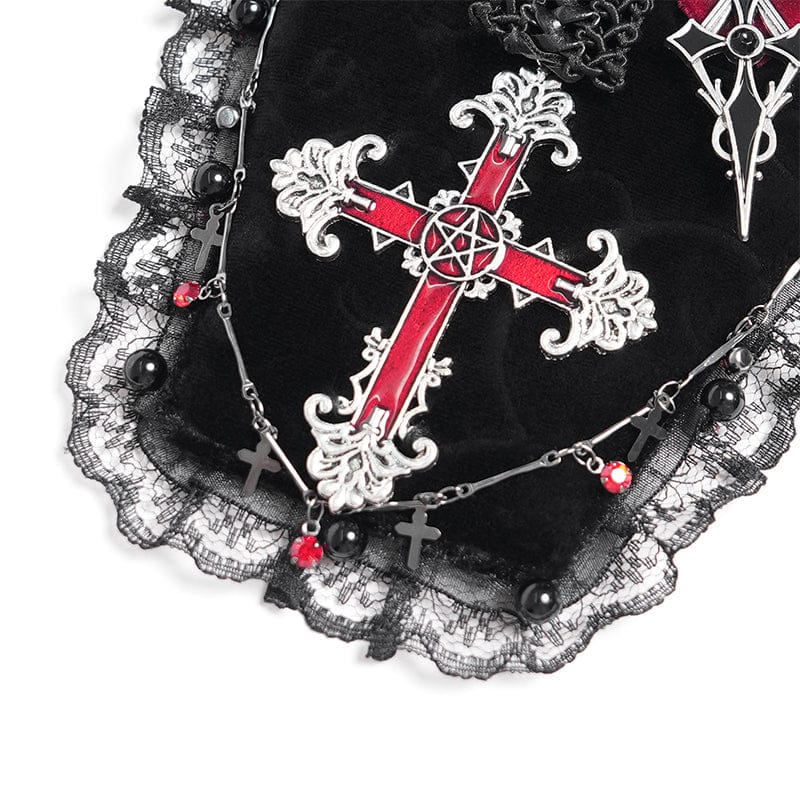DEVIL FASHION Women's Gothic Cross Lace Edge Coffin-shaped Brooch Badge Holde