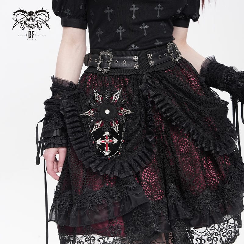 DEVIL FASHION Women's Gothic Cross Lace Edge Coffin-shaped Brooch Badge Holde