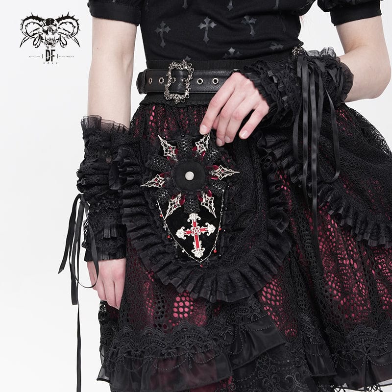 DEVIL FASHION Women's Gothic Cross Lace Edge Coffin-shaped Brooch Badge Holde