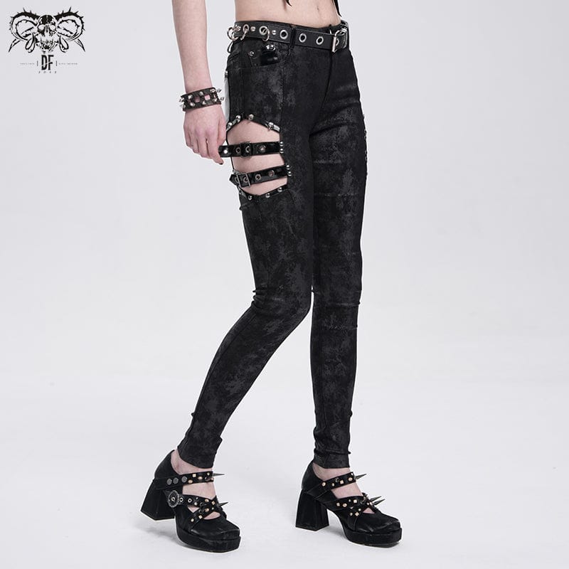 DEVIL FASHION Women's Gothic Cutout Buckles Pants